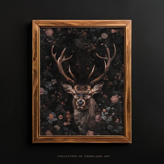 Deer Art Print Dark Cottagecore Art Moody Floral Painting Fairycore Dark Academia Print Goblincore Art Farmhouse Deer Print