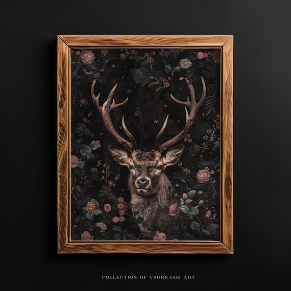 Majestic Stag Portrait Dark Floral Moody Botanical Painting Poster