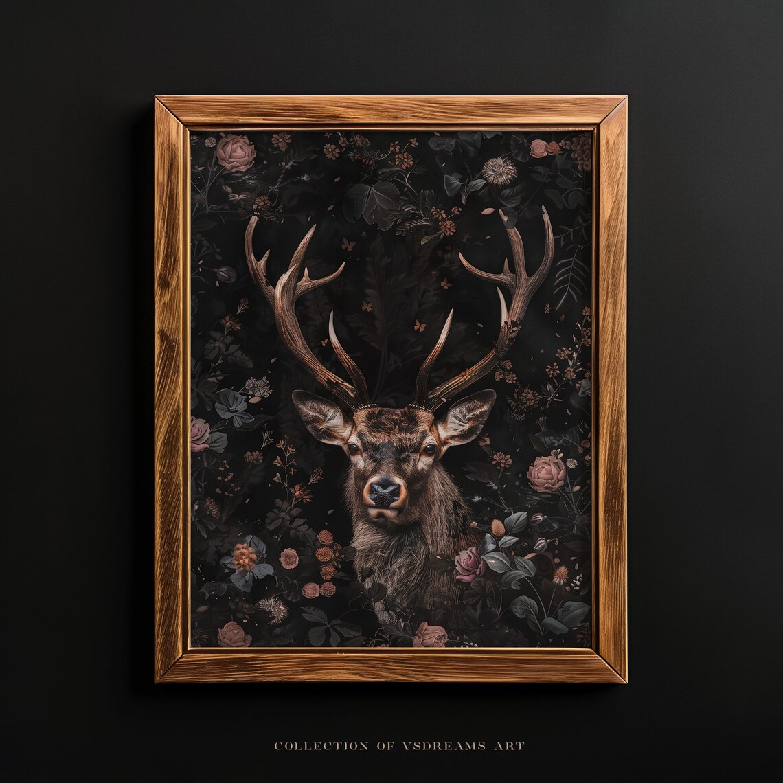 Majestic Stag Portrait Dark Floral Moody Botanical Painting Poster