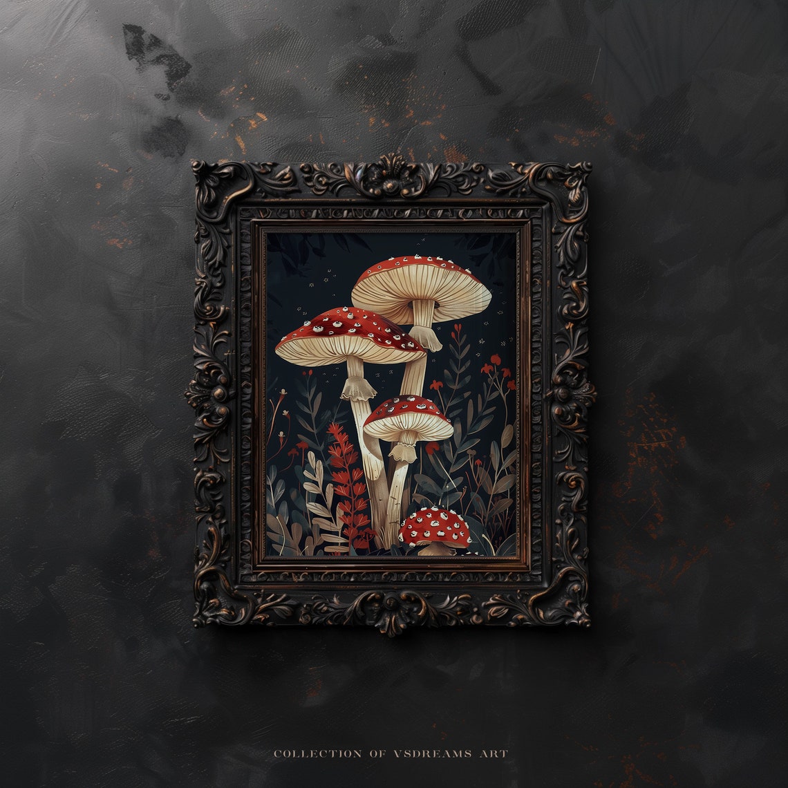 Red Fly Agaric Mushroom Woodland Night Dark Cottagecore Art Poster - Image 5