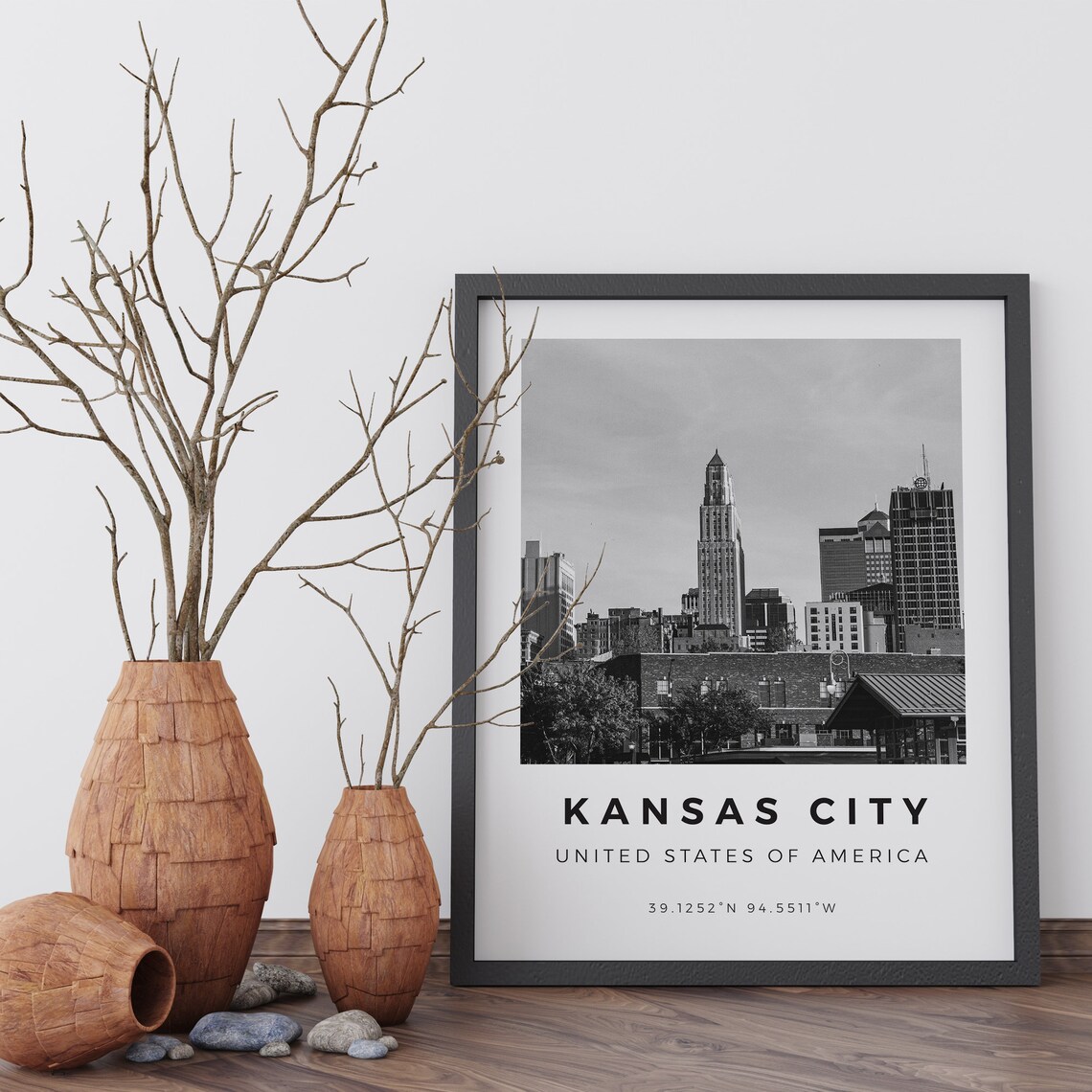 Kansas City Black and White Downtown Skyline Coordinates Poster