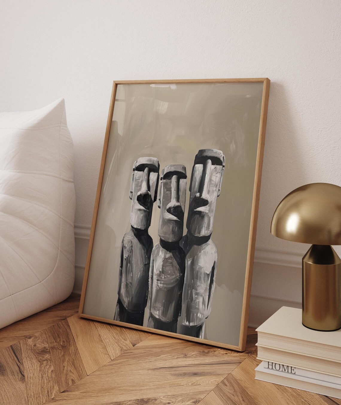 Three Easter Island Moai Heads in Monochrome Painting Art Poster