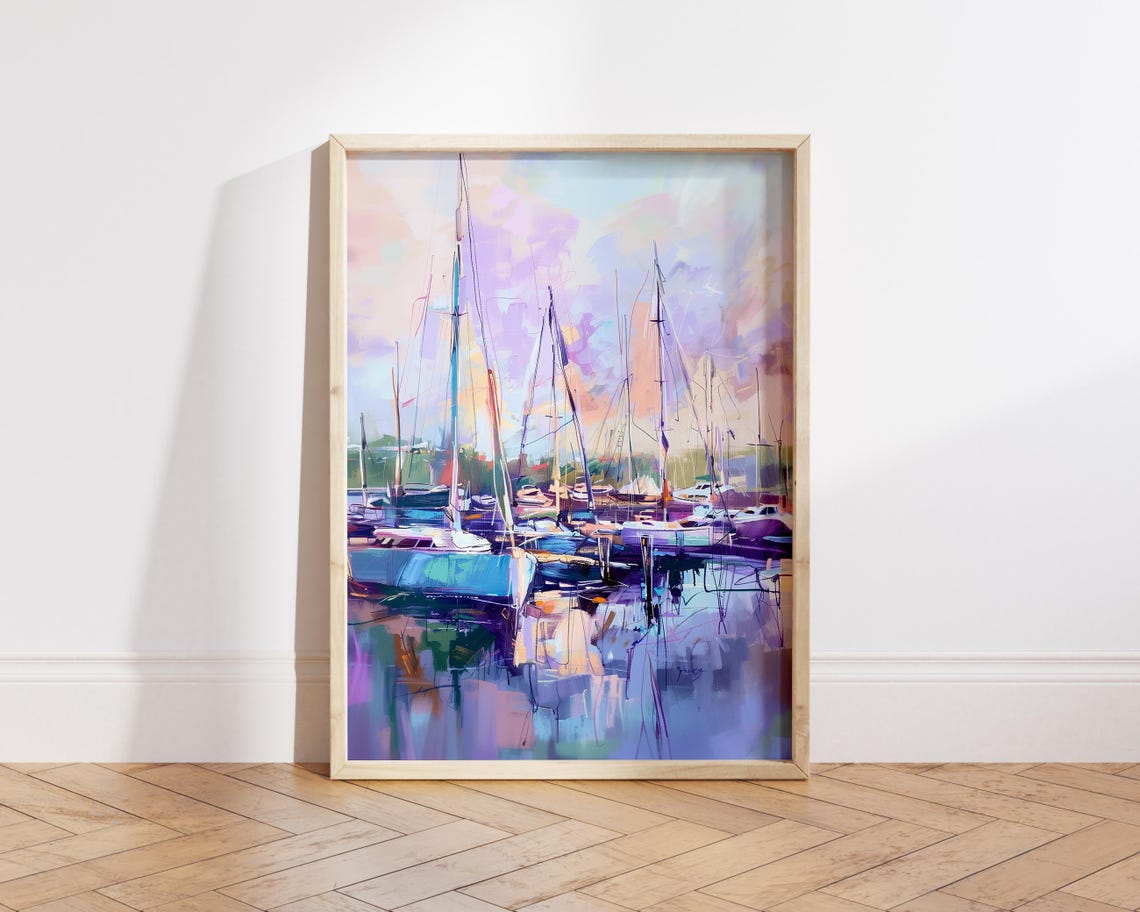 Sailboat Marina At Purple Sunset Glow Impressionist Art Poster