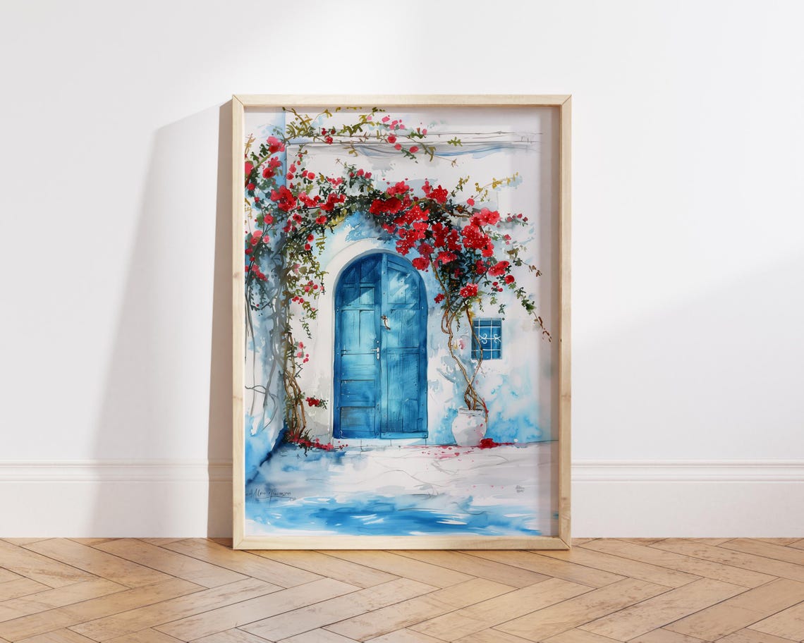 Mediterranean Blue Door Framed by Red Bougainvillea Watercolor Poster