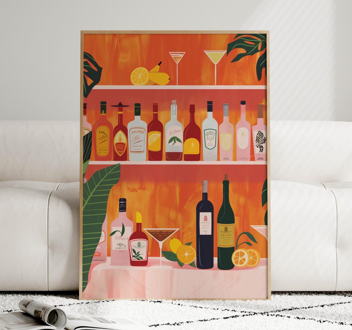 Vibrant Orange Bar Shelf With Liquor Bottles Tropical Poster