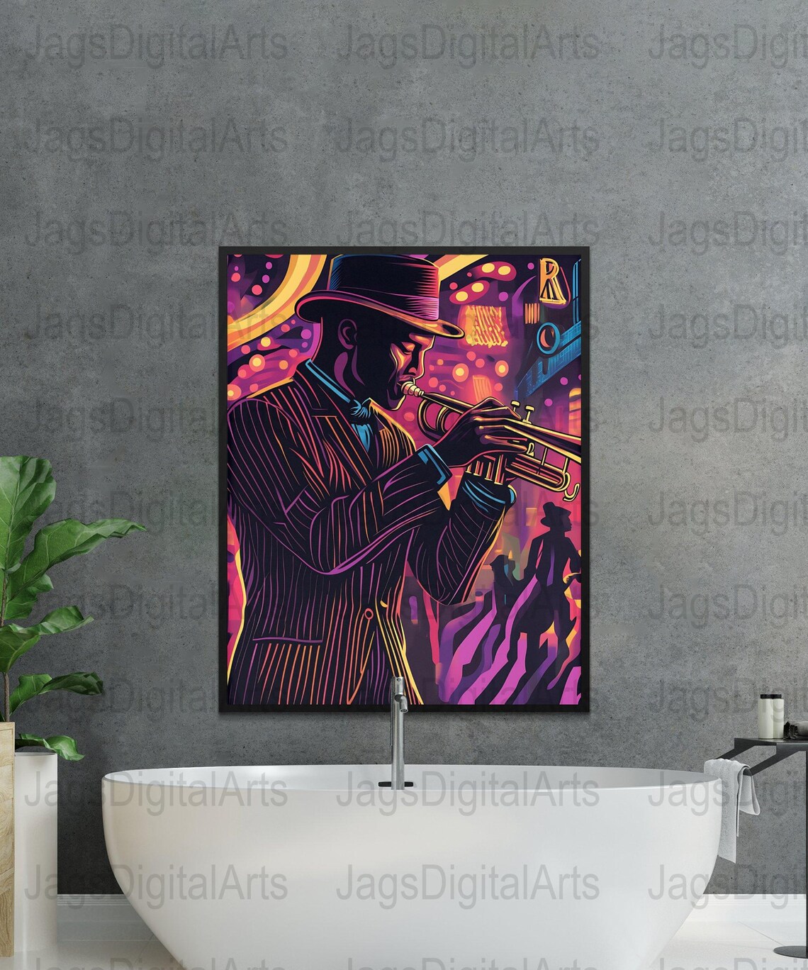Neon Jazz Trumpeter Fedora Nightclub Retro Music Scene Art Poster - Image 4