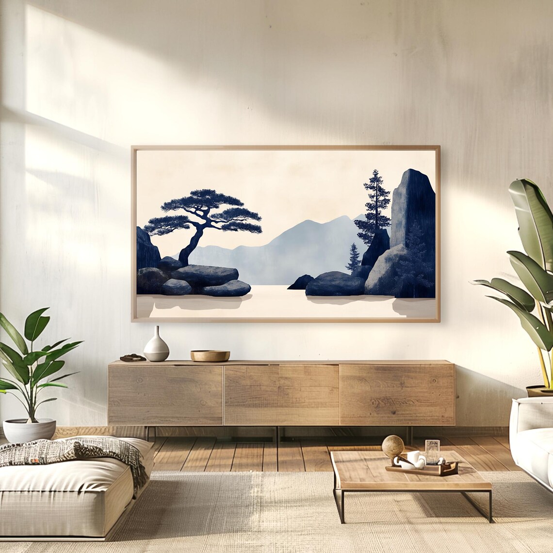 Japandi Zen Pine Tree Misty Mountains Ink Blue Minimal Landscape Poster - Image 4