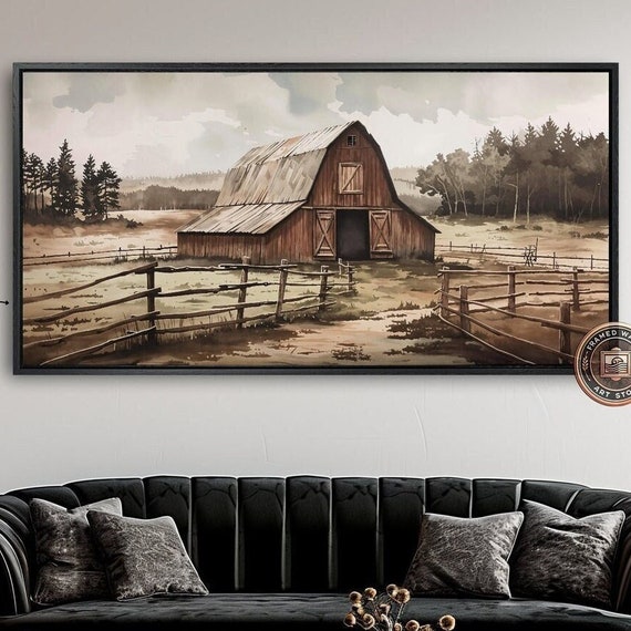 Wooden Barn In Countryside Framed Print Vintage Farmhouse Wall Art Rural Landscape Painting Print Rustic Decor Ready To Hang