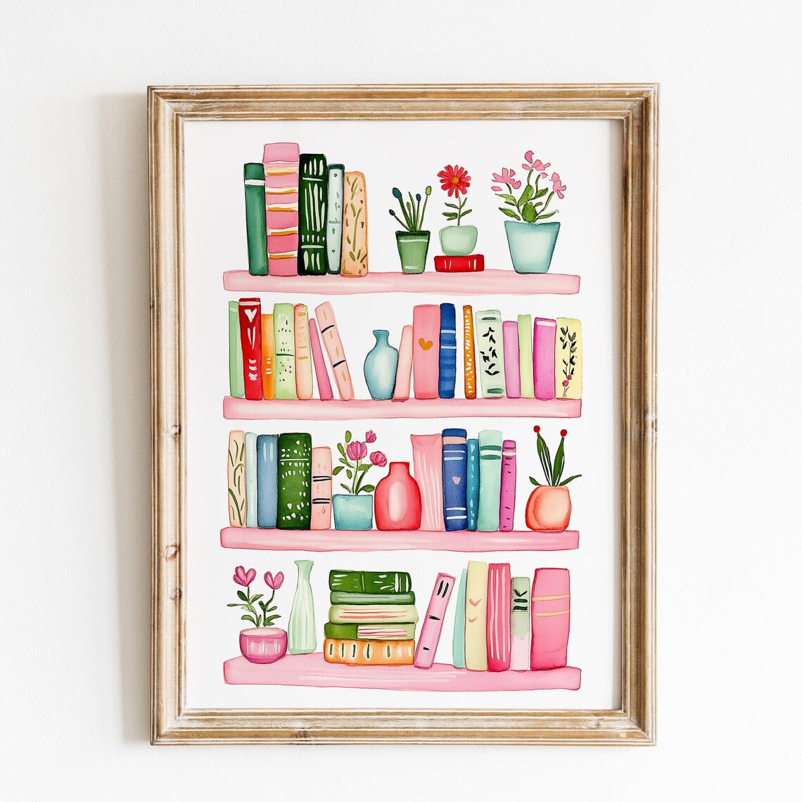 Cozy Watercolor Bookshelf With Colorful Books And Plants Poster