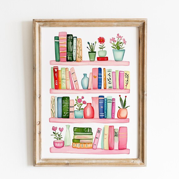 Cozy Watercolor Bookshelf With Colorful Books And Plants Poster