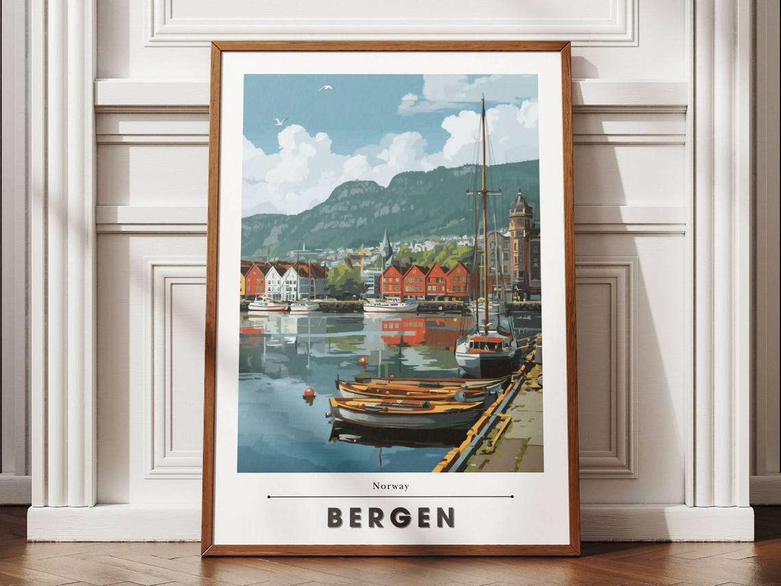 Bergen Norway Bryggen Wharf Harbor Boats Mountain Scenic Poster