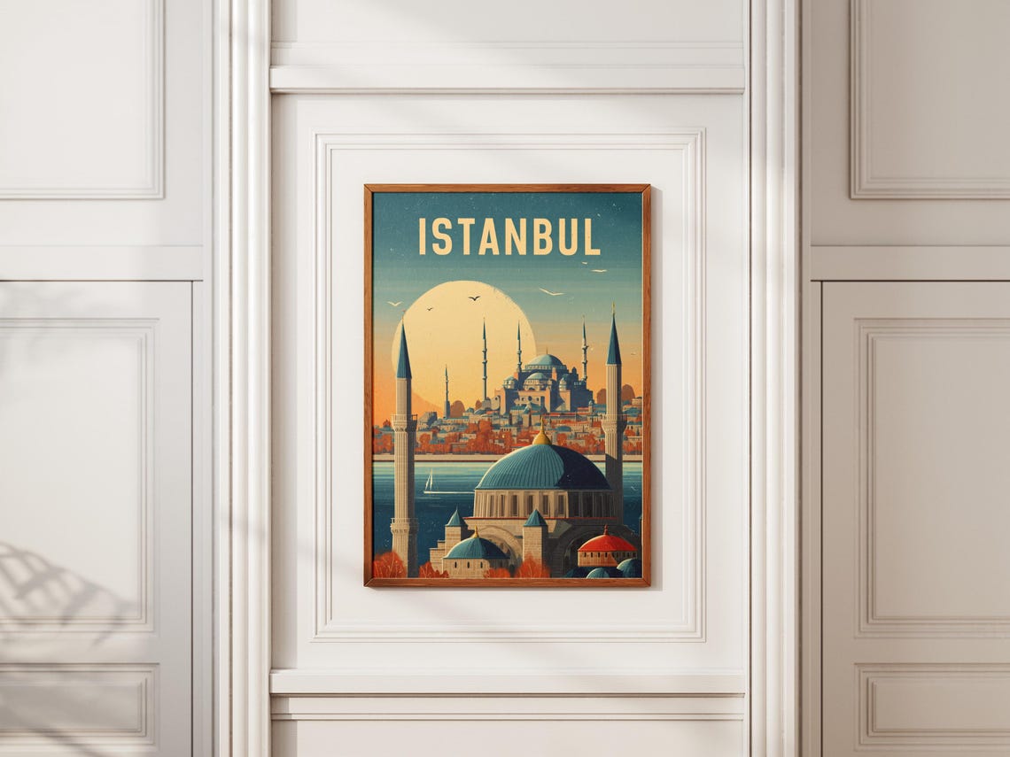 Istanbul Mosques Minarets Golden Sunset Retro Travel Poster Artwork