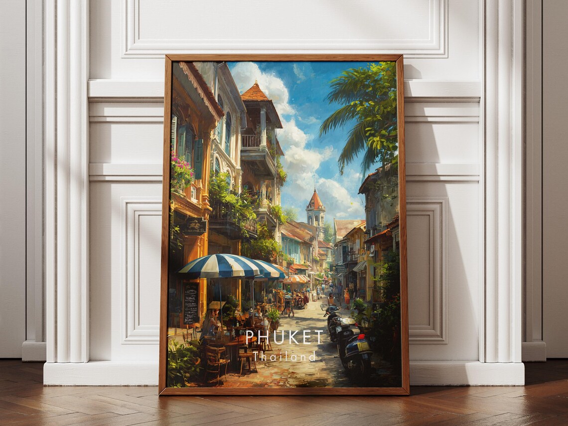 Phuket Thailand Old Town Street Cafe Watercolor Travel Poster Art