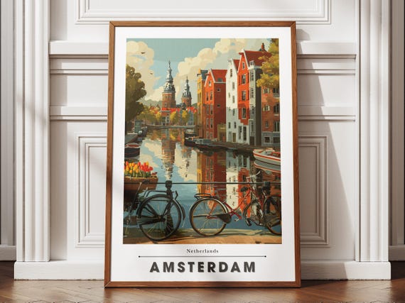 Amsterdam Travel Poster Flat Design Canals Gabled Houses Wall Art Print Minimal Dutch Cityscape Decor Netherlands Gift