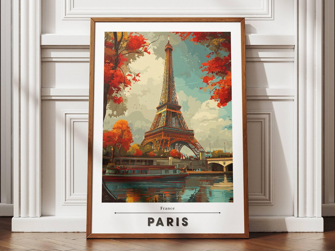 Paris France Eiffel Tower Autumn Red Trees Seine Boat Travel Poster