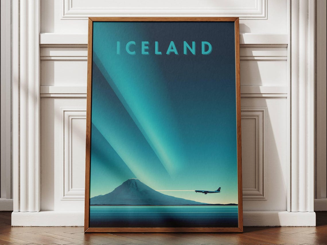 Iceland Aurora Mountain Night Sky Airplane Minimalist Travel Poster