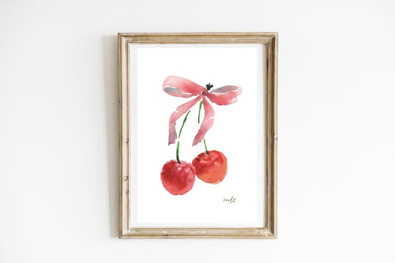 Watercolor Art Posters Cherry Ribbon Pair Handpainted Cute Blossom Flowers Home Decor Prints Wall