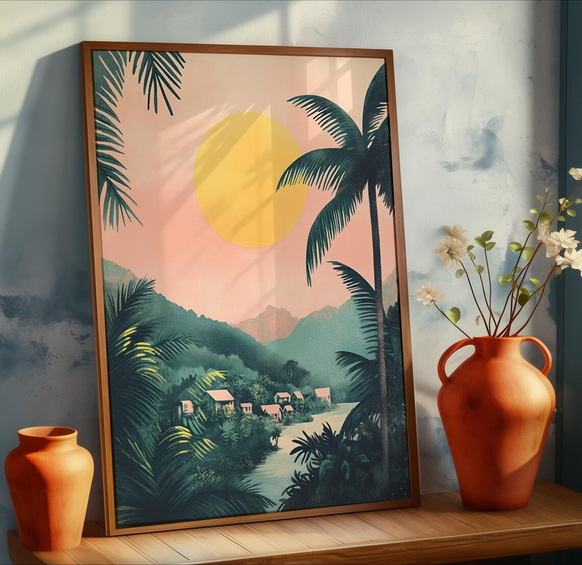 Tropical Village River Sunset Palm Trees Pastel Landscape Poster