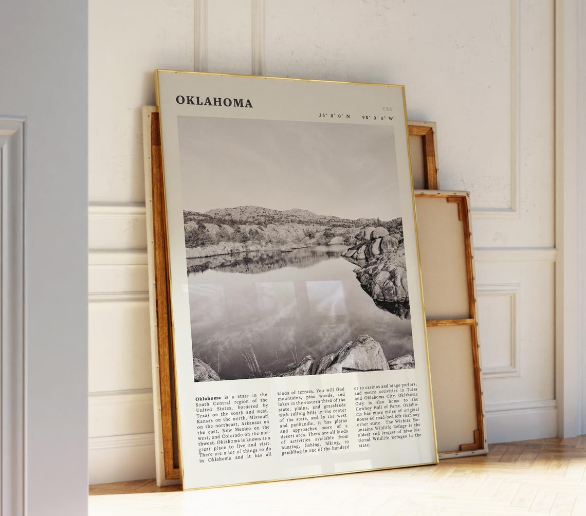 Oklahoma Black White Poster Vintage Usa Travel Print Idea For Route 66 Fans