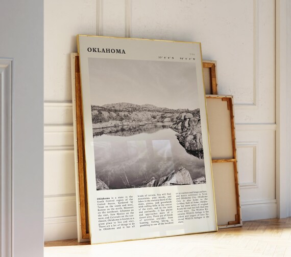 Oklahoma Black White Rocky River Landscape Travel Poster with Coordinates