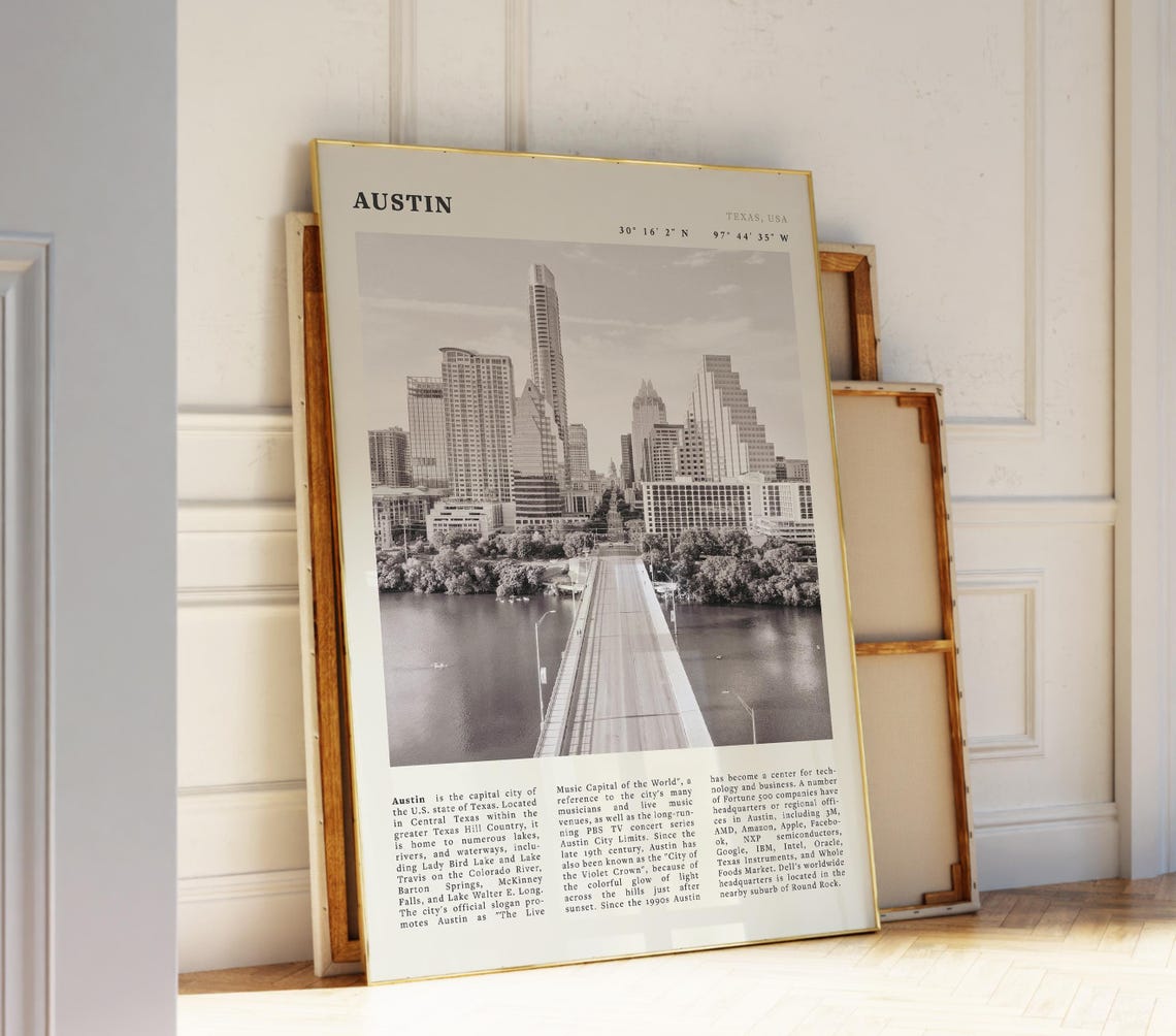 Austin Black White Print City Skyline Wall Art For Texas Lovers