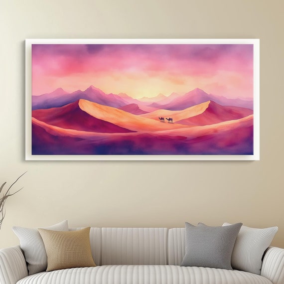 Sahara Desert Canvas Art Print Golden Sand Dunes At Sunset Camel Caravan Watercolor Wall Giclee Poster Minimalist Travel Painting