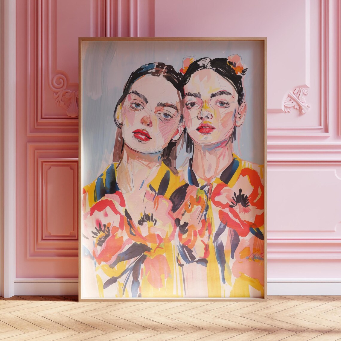 Two Women Floral Portrait Painting Poster Colorful Feminine Duo Art