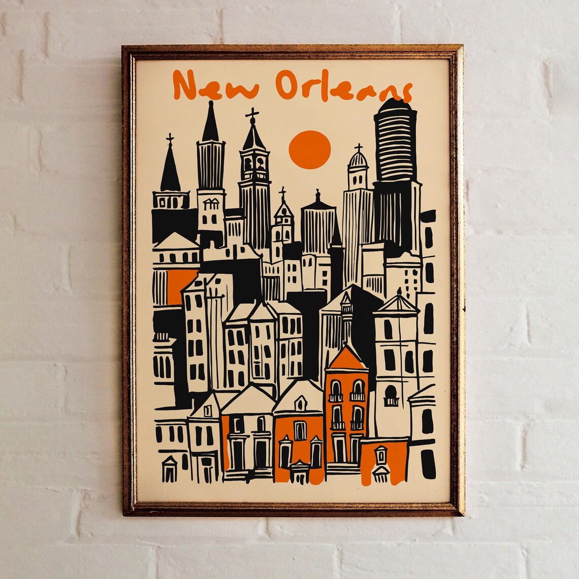 New Orleans Orange Sunset Skyline Cathedral Vintage Travel Poster