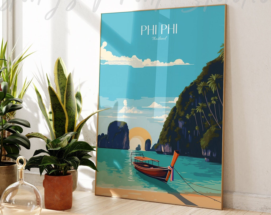 Phi Phi Thailand Longtail Boat Limestone Cliffs Vintage Travel Poster