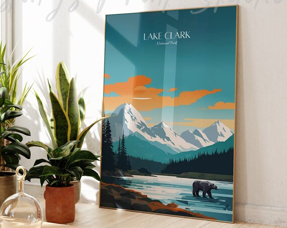 Lake Clark National Park Bear Alaska Mountains Vintage Travel Poster
