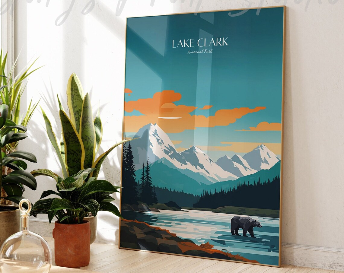 Lake Clark National Park Bear Alaska Mountains Vintage Travel Poster