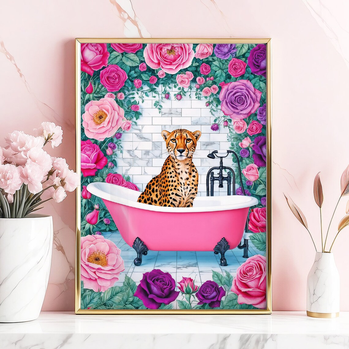 Cheetah In Pink Bathtub With Roses Black Fixtures Bathroom Poster - Image 2