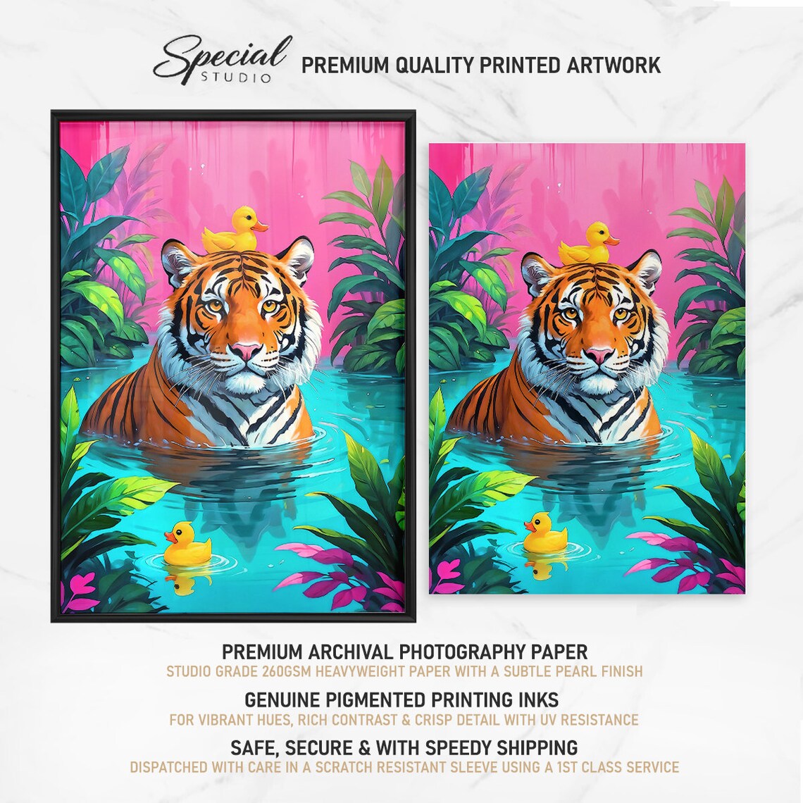 Tiger In Bathtub With Rubber Ducks Tropical Pink Bathroom Poster - Image 4