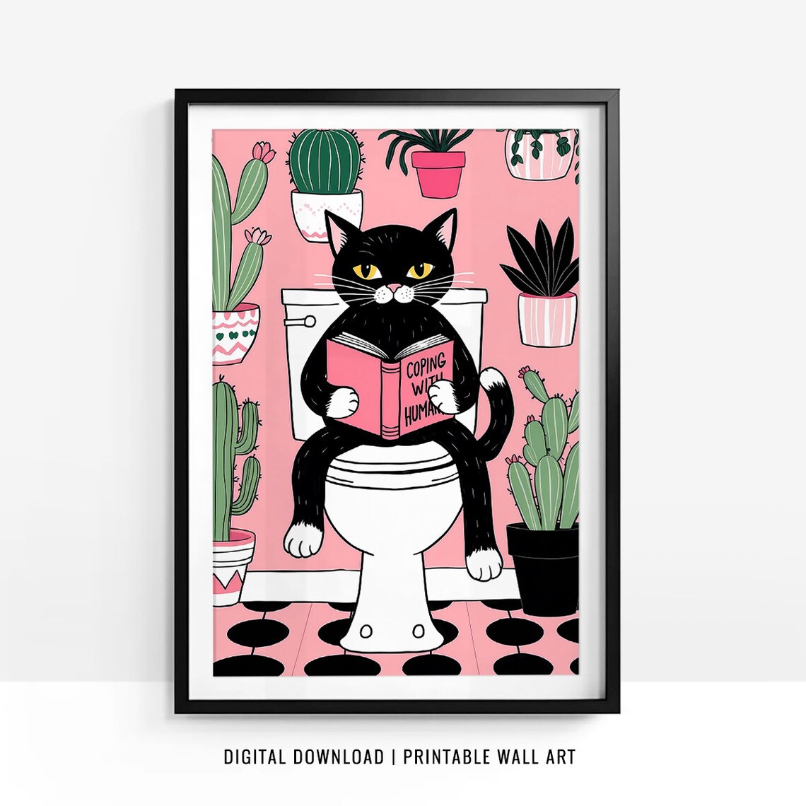 Black Cat Reading Coping With Humans Funny Book Bathroom Poster