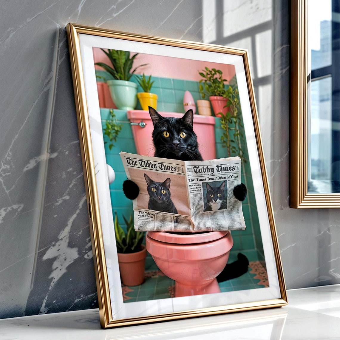 Black Cat on Toilet, Pink Preppy Bathroom Poster - Image 2