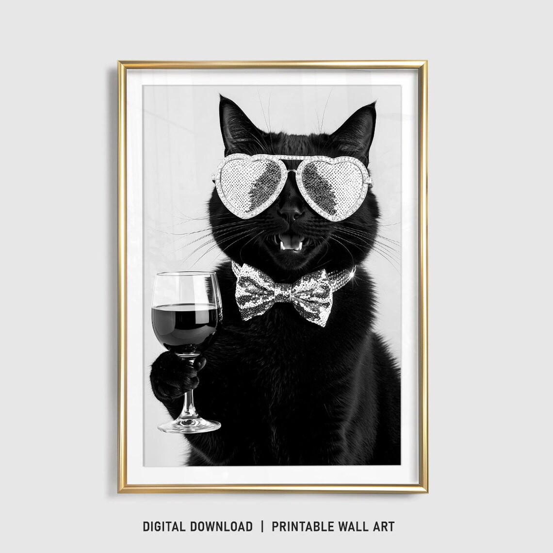 Black Cat in Heart Sunglasses Holding Wine Glass Party Poster