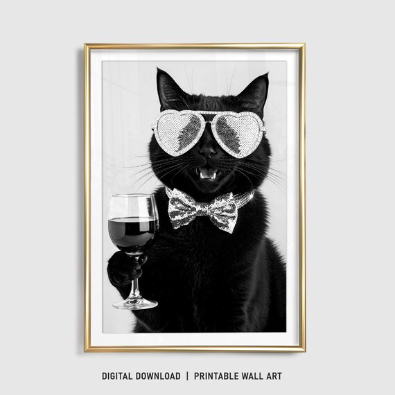 Black Cat in Heart Sunglasses Holding Wine Glass Party Poster