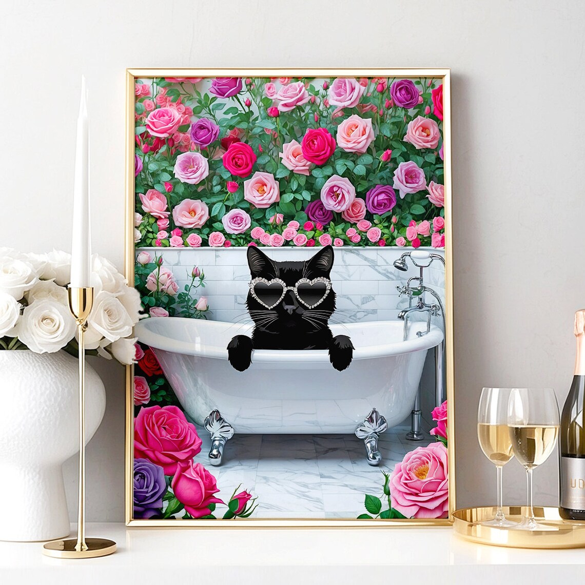 Black Cat Heart Sunglasses Rose Wall Bathtub Glam Bathroom Poster - Image 3