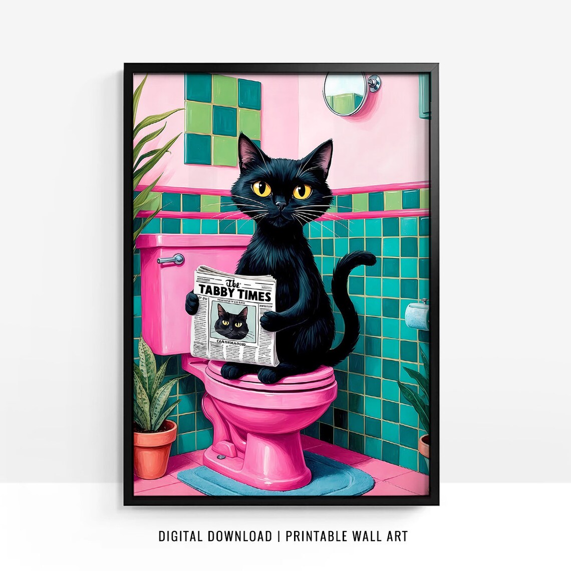 Black Cat Reading Tabby Times Retro Pink Bathroom Humor Poster - Image 3