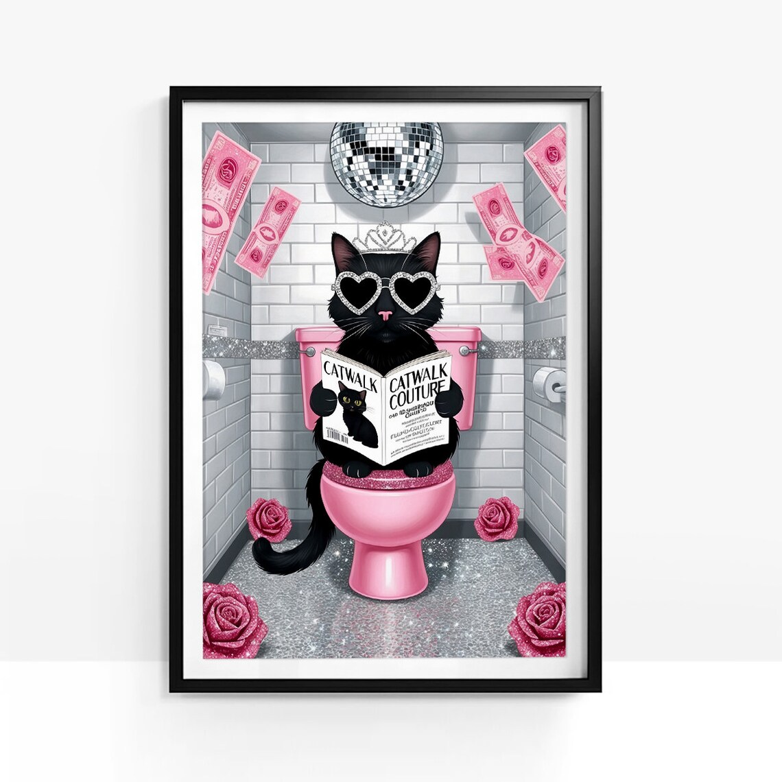 Black Cat On Pink Toilet Reading Catwalk Couture Magazine Poster - Image 3