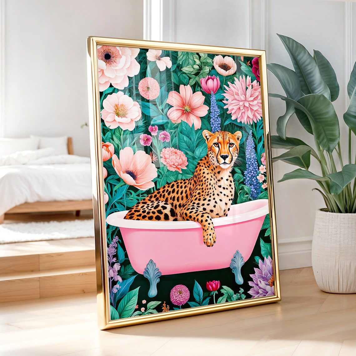 Cheetah In A Bathtub, Boho Bathroom Art Print - Image 3
