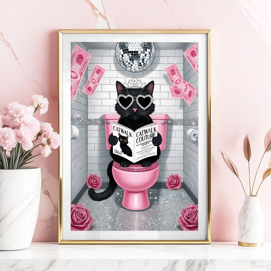 Black Cat On Pink Toilet Reading Catwalk Couture Magazine Poster - Image 4