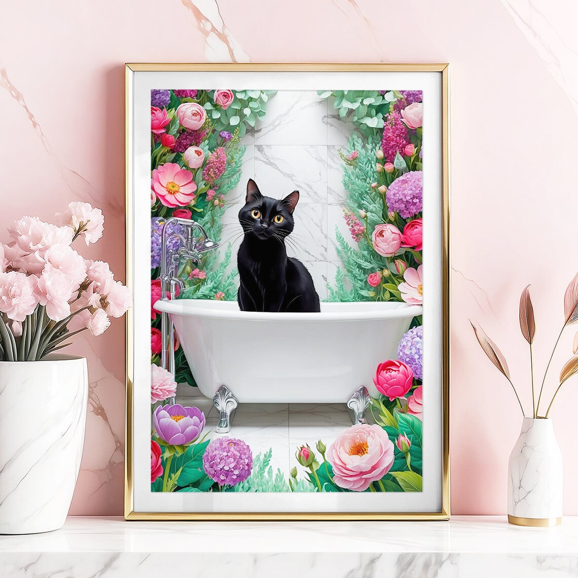 Black Cat White Bathtub Floral Arch Cute Bathroom Decor Poster
