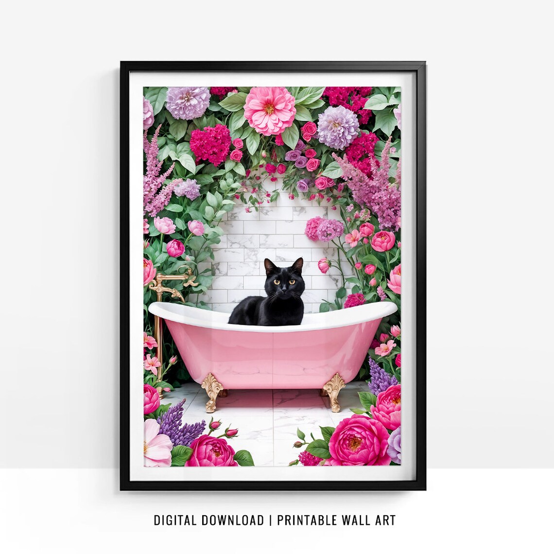Black Cat In Pink Bathtub Under Flower Arch Wall Decor Poster - Image 5