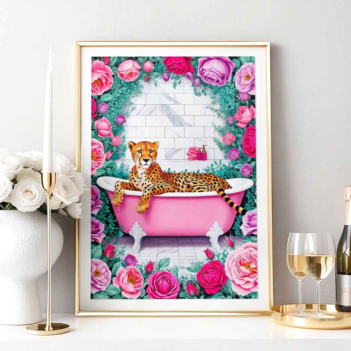 Cheetah Pink Bathtub Roses Luxury Funny Bathroom Decor Poster - Image 2