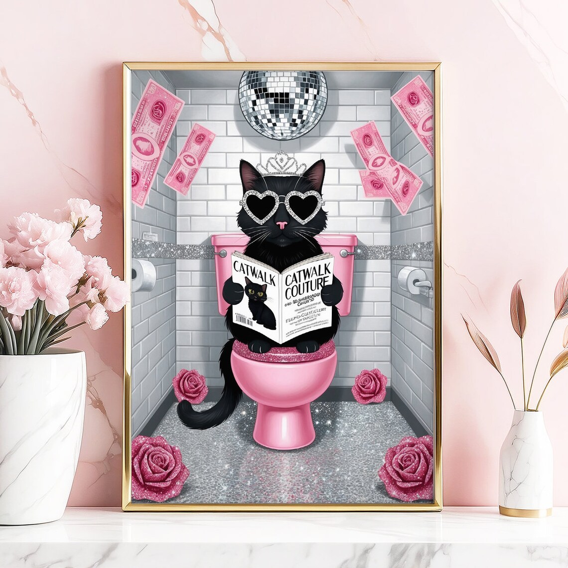 Black Cat On Pink Toilet Reading Catwalk Couture Magazine Poster - Image 2