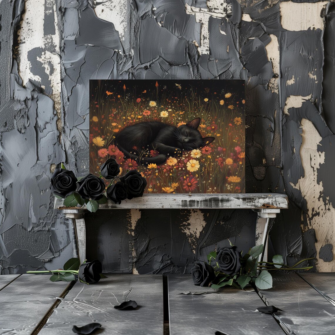 Sleeping Black Cat Curled Up in Autumn Wildflowers Cozy Halloween Wall Art