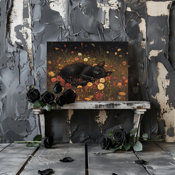 Sleeping Black Cat Curled Up in Autumn Wildflowers Cozy Halloween Wall Art