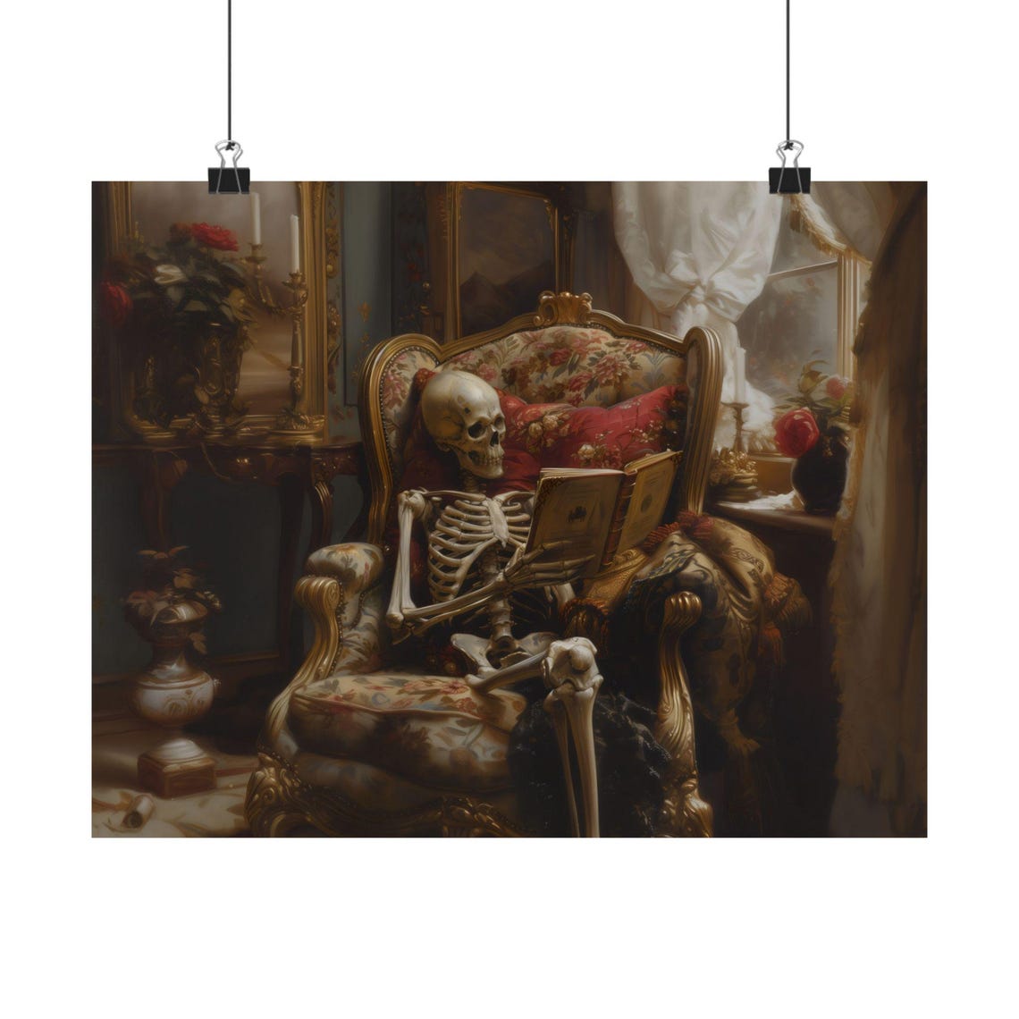 Gothic Skeleton Enjoying A Book By The Window Armchair Print