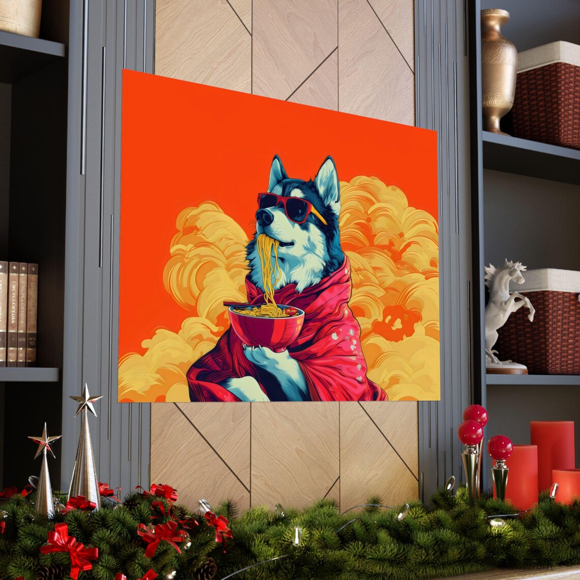 Cool Husky Wearing Sunglasses Slurping Noodles Fun Art Poster - Image 2